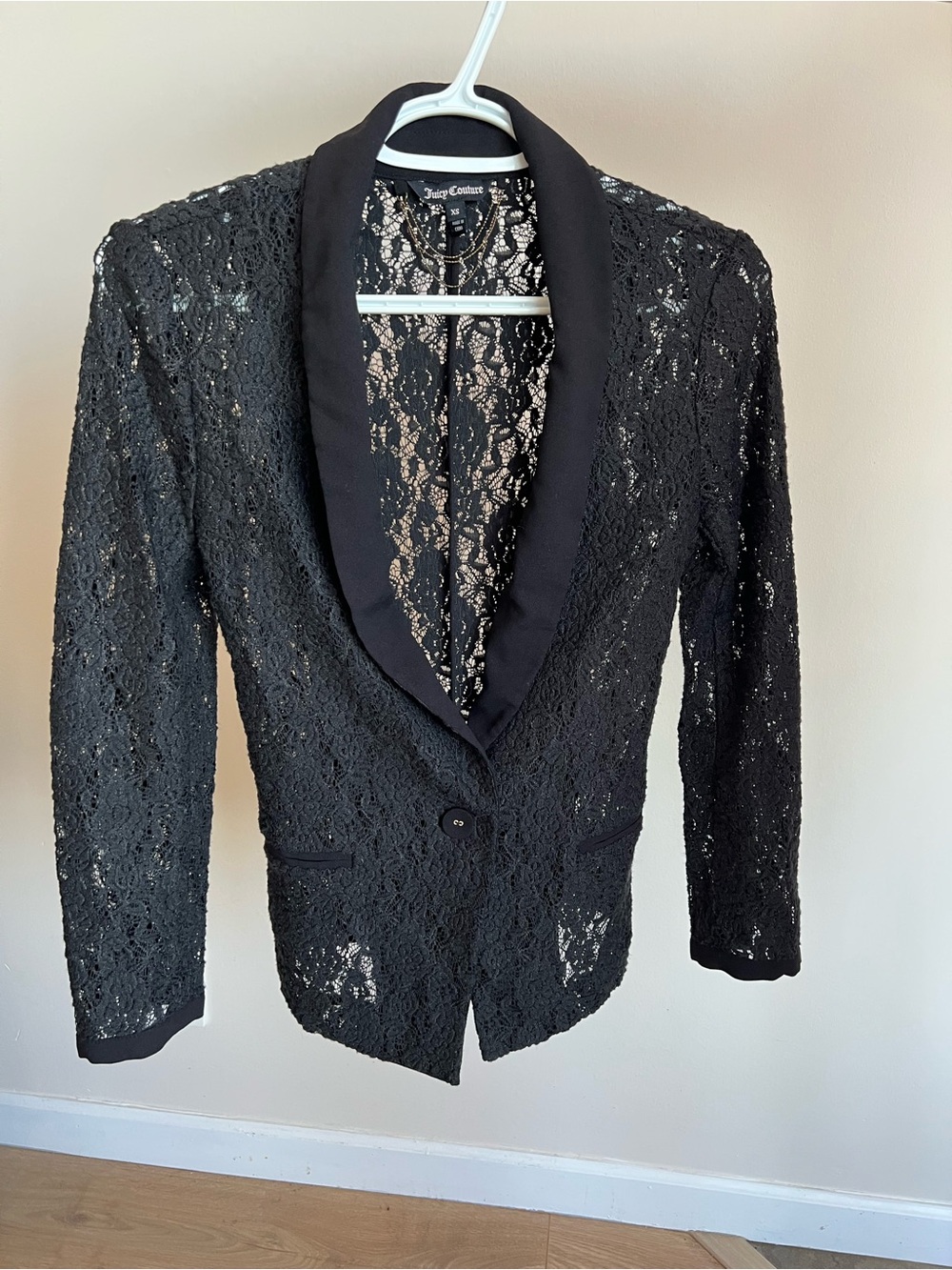 Juicy Couture Black Lace Blazer with Shawl Collar